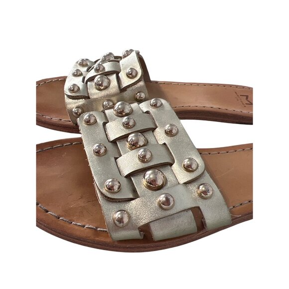 Marc Fisher Pacca Studded Slide Sandals Size 7 Open Toe Flats Tan Gold Neutral - Picture 2 of 7